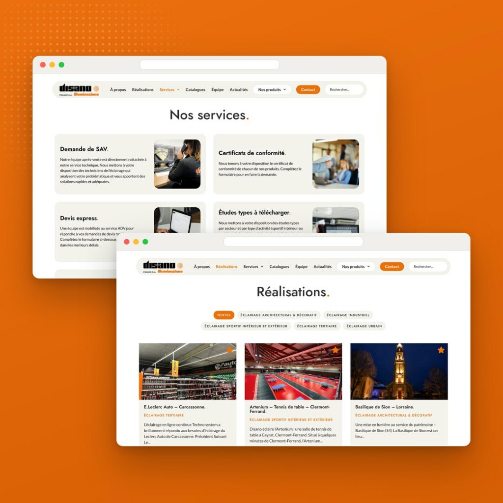 Pages du site Disano dans des fenêtres de navigateur